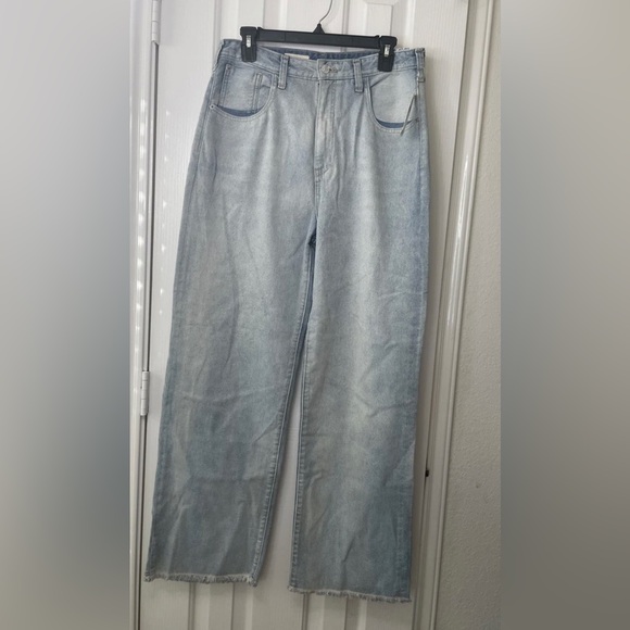 Pilcro Anthropologie Light Wash Wide Leg Classic Denim Straight Jeans Frayed Hem - Picture 2 of 11